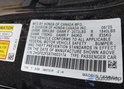 2026 Honda Civic Sport z USA, uszkodzony, nr VIN 2HGFE2F5XTH503174